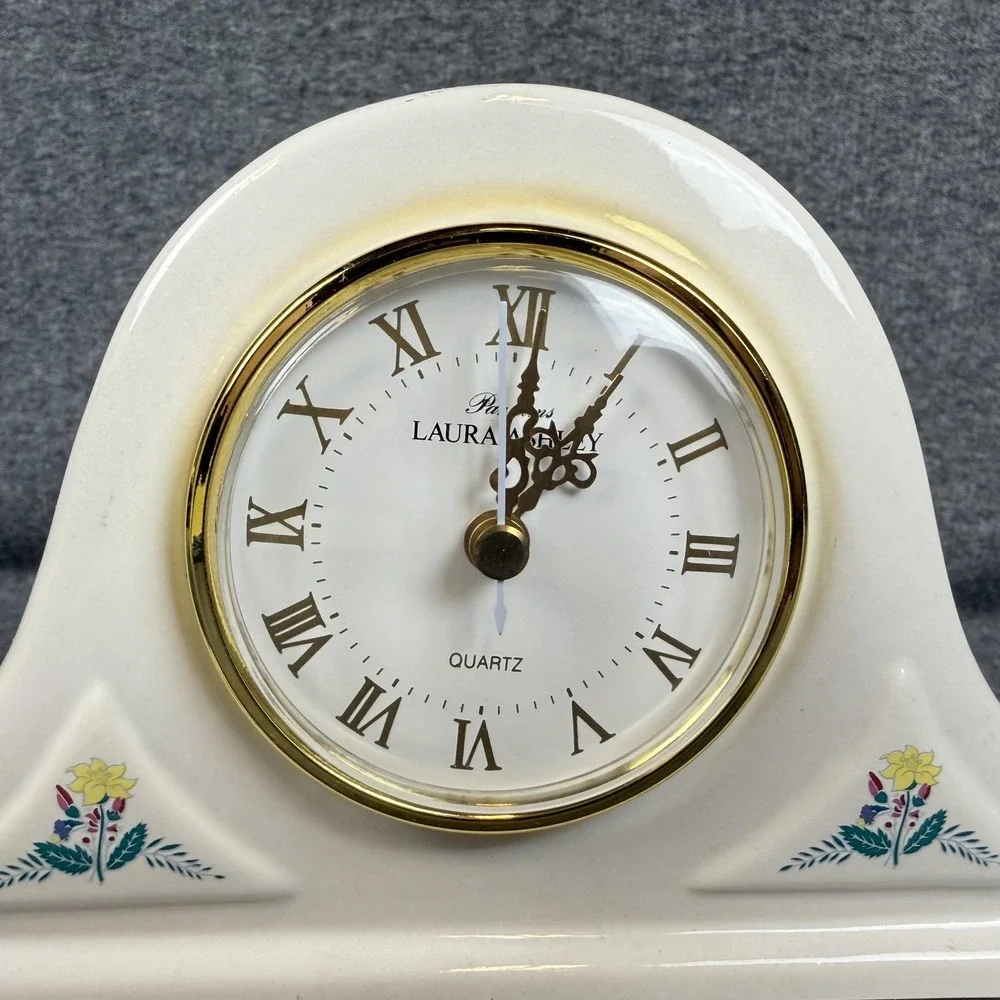 Vintage Laura Ashley Floral Mantel Clock White Ceramic Quartz Analog Table Decor
